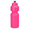 A drink bottle in vibrant pink with a black cap and a contoured shape, featuring a logo on the front.