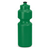 A green drink bottle with a narrow top and a wide body. It has a simple design and a black cap.