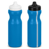 A drink bottle set featuring two blue bottles with white and black screw-on lids and a central stripe. Each bottle has a logo.