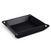 A black valet tray featuring a square design with folded corners and snap buttons, made of textured material.