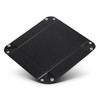 A black valet tray with a smooth surface and metal fasteners at the corners. Features a simple, elegant design.