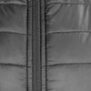 A close-up of a black puffer jacket featuring a zippered front and quilted texture. It has a logo on the fabric.