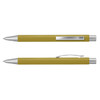 A metal pen in olive green with silver accents and a clip, featuring a sleek design and a logo.