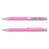 A pink metal pen featuring silver accents and a clip, displayed from two angles. It has a logo on the barrel.