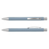 A metal pen in a soft blue colour with silver accents and a clip. The design is sleek and modern.