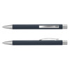 A metal pen in navy blue with silver accents and a clip, featuring a sleek design.