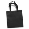 A black tote bag with two sturdy handles and a simple design. It has a logo on the front.