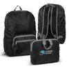 A foldable backpack in black with grey accents, featuring a main compartment, front pocket, and adjustable straps.