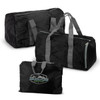 A black foldable duffle bag with grey straps and a logo. It displays three sizes of the bag.
