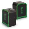 A wooden money box model in black with green accents and a logo featuring a plant growing from a coin.