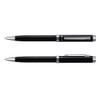 A black pen and pencil set with silver accents and a branding logo. The pen features a smooth finish, while the pencil has a textured grip.