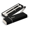 A black pen and pencil set in an elegant box, featuring a logo and silver accents.