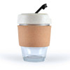 A reusable coffee cup with a clear glass body, a cork band for grip, and a white lid featuring a black straw.