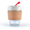 A reusable coffee cup featuring a cork band and a red straw lid, designed for eco-friendly drinkware.
