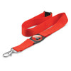 A red lanyard featuring a metal clip and a badge holder with a Crest logo.