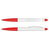 A stylus pen with a white barrel and red accents, featuring a clip and a smooth writing tip.