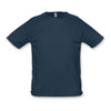 A navy blue SOLS Sporty Men’s T-Shirt featuring short sleeves and a small logo.