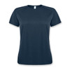 A navy blue women's t-shirt with short sleeves and a round neckline. It features a logo.