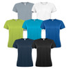 A collection of SOLS sporty women's T-shirts in grey, white, turquoise, green, navy, and black. Each shirt has a logo.