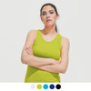 A woman models a bright lime green tank top, with a visible colour swatch selection below in various shades.