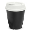 A drink bottle resembling a coffee cup, featuring a black body and a white lid, with a logo present.