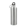 A drink bottle made of aluminum with a sleek silver finish and a black cap featuring a carabiner.