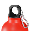 A drink bottle featuring a vibrant red aluminum body and a black top with a carabiner attachment.
