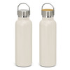 A drink bottle featuring a powder-coated cream finish with a stainless steel lid and a wooden accent. It has a logo.