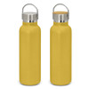 A drink bottle in a vibrant yellow, featuring a stainless steel lid and a wooden accent, with a sleek powder-coated finish.