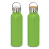 A drink bottle in vibrant green with a stainless steel lid and a bamboo top, featuring a logo.