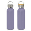 A drink bottle featuring a powder-coated lavender exterior, stainless steel top, and wooden lid, with a logo.