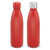 A drink bottle featuring a red powder-coated finish with a silver and red cap, designed for vacuum insulation.
