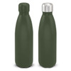 A drink bottle in olive green with a powder-coated finish and a stainless steel lid. Features a simple branding logo.