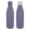 A drink bottle featuring a matte purple finish and a stainless steel screw-on lid, with a logo on the side.