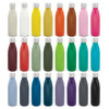 A drink bottle collection featuring various colours like white, yellow, pink, green, and blue, with metallic caps.