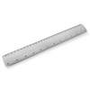 A silver metal ruler, 30cm long, featuring clear measurements in both centimetres and millimetres, with a logo.
