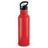A drink bottle in a vibrant red color with a black lid and a convenient carrying handle.
