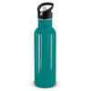 A drink bottle with a teal body and a black cap featuring a carrying handle.