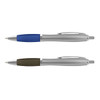 Two plastic pens, one with a blue grip and silver barrel, the other with a green grip and silver barrel, both featuring a logo.