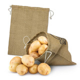A large jute produce bag in natural colour, filled with potatoes, displayed alongside an empty bag.