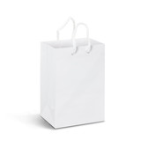 A small white laminated paper carry bag with white rope handles and a plain design.