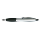 A sleek metal pen featuring a silver body and a black grip for comfortable writing.