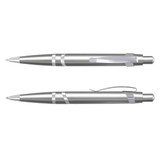 A silver plastic pen with a shiny finish and a clip. The pen features sleek, contemporary design elements.