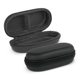 A black mini carry case with a zip closure, featuring a textured exterior and a mesh pocket inside.