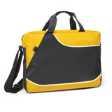 A black and yellow satchel featuring short handles and a detachable shoulder strap, with a logo present.
