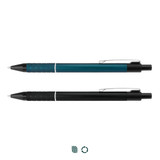 A metal pen set featuring a teal and a black pen, both with textured grips and clips. Each pen has a logo.