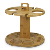 A bamboo wine rack featuring a circular design with spaces for holding multiple bottles. Eco-friendly and sturdy.