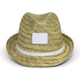 A straw fedora hat in tan with a white band and a blank logo area.