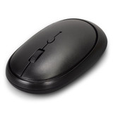 A black wireless travel mouse featuring a scroll wheel and a smooth ergonomic design. It has a logo on the surface.