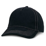 A black cap with white stitching and a curved visor, featuring a logo on the front.